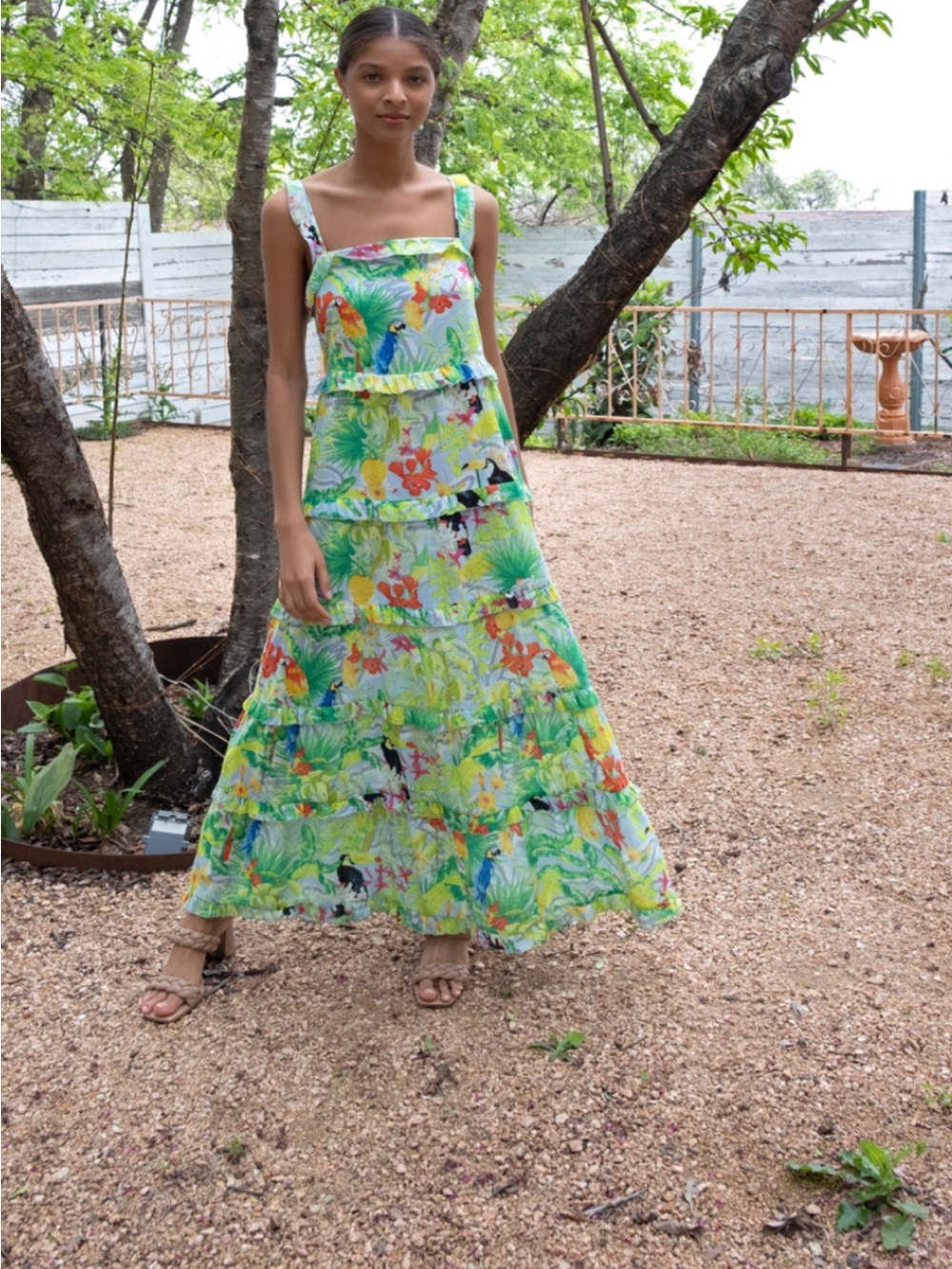 just be Tropical Print Sleeveless Maxi Dress in Green and Yellow